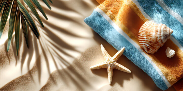 Summer Beach Flatlay with Striped Towel and Seashell on Sandy Shore &mdash; Tropical Holiday Concept for Travel and Lifestyle Marketing
