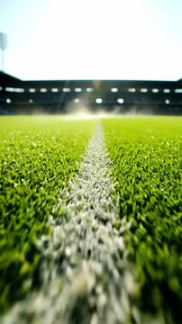 Close-up view of a green soccer field with a white line marking the center, stadium lights and blurred audience visible in the background during a sunny day