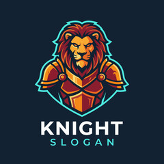 Fototapeta premium A fierce knight logo showcasing a lion, symbolizing bravery and strength, perfect for sports teams, gaming, or character development in various branding concepts.