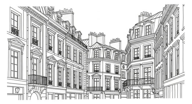 Detailed Architectural Sketch of Parisian Buildings in a Courtyard.