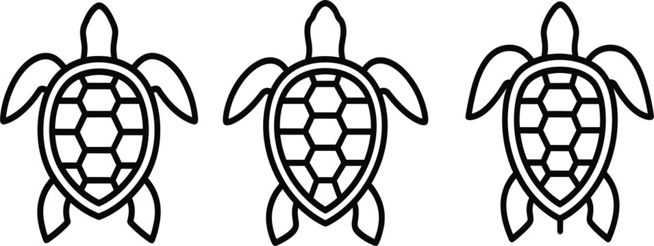 Sea Turtle Outline Icon Set with Simple Marine Animal Line Art for Logo Design, Tattoo, Coloring Pages, Ocean Themes, and Wildlife Graphics