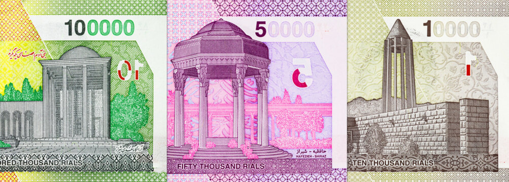 Iranian Rial banknotes showing architectural landmarks and denominations. Concept of Iran's national currency.