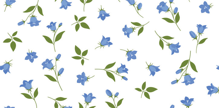 Seamless Blue Bell Flower Pattern with Botanical Leaves and Blooming Wildflowers for Spring Textiles, Wallpaper, Fabric Prints, and Nature Inspired Background Designs