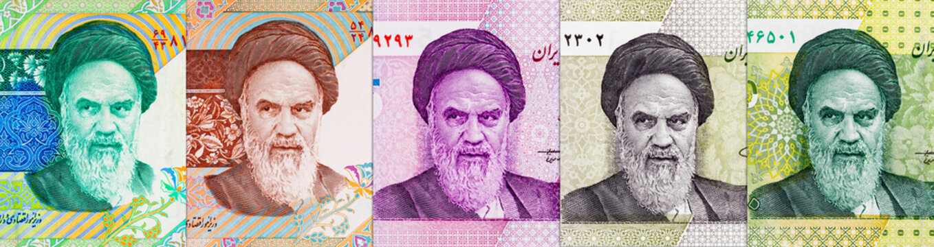 Iranian Rial banknotes featuring the portrait of Ayatollah Ruhollah Khomeini. Close-up of Iran&rsquo;s national currency