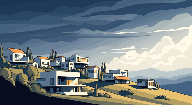 Modern houses nestled on rolling hills under a dramatic, cloudy sky