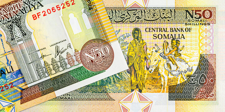50 Shilin, Somalia with a picture of a woman with a donkey. Paper money of Somalia