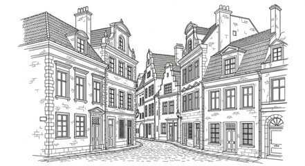 Detailed architectural sketch of a historic European street scene.