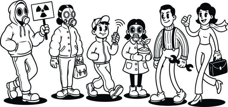 Retro cartoon line art group of diverse people wearing gas masks protesting carrying plant wrench briefcase and phone in bold outline