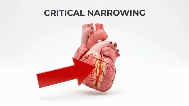 Heart anatomy artery blockage medical cardiology disease health illustration organ critical narrowing of coronary artery with plaque blockage human heart anatomy concept and red arrow highlighting
