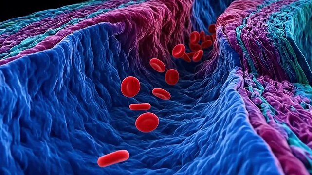 Microscope view 3d render artery blood vessel red blood cell circulation biology anatomy tissue science colorful artery cross section wall microscopic texture vivid medical background