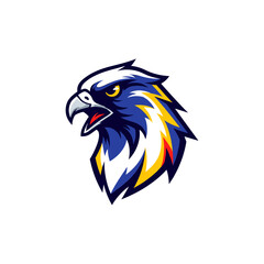 Obraz premium Dynamic and colorful eagle head logo with blue, yellow, and white feathers, featuring an open beak and intense eyes, perfect for a sports team mascot.