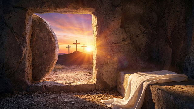 Empty Tomb. Resurrection of Jesus Christ. Shroud with defocused Crosses on background.
