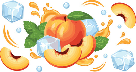 Fresh peach fruit slices with ice cubes mint leaves and juicy splash refreshing summer drink vector illustration © EdGe Creative