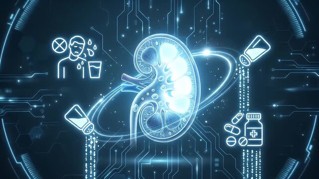 Futuristic kidney health medical illustration digital art blue neon healthcare human organ anatomy technology care nephrology kidney disease failure hypertension salt medicine dehydration electrolyte