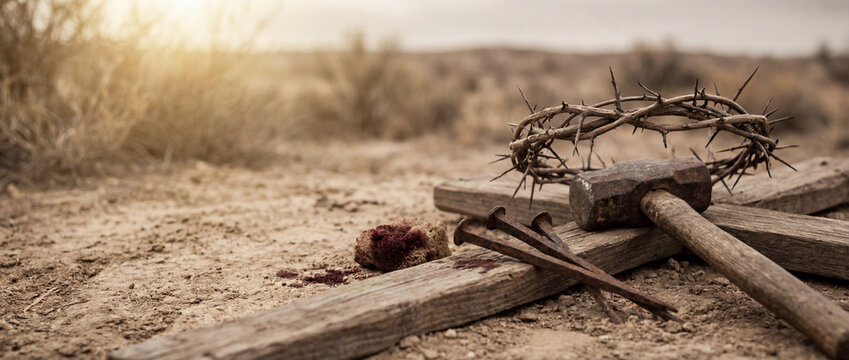 Passion of Jesus Christ. Hammer and Bloody Nails and Crown of Thorns on Arid Ground. Resurrection of Jesus Christ.