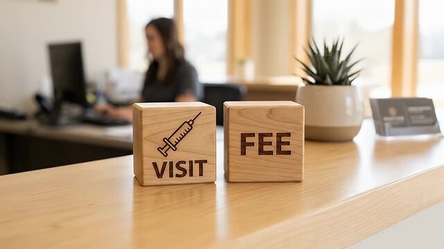 Healthcare visit fee medical billing cube concept at clinic reception counter with wooden block sign, syringe and vaccination symbol in modern waiting area office interior