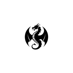 Obraz premium A striking black silhouette of a mythical dragon with spread wings and a coiled serpentine body, set against a clean white background.