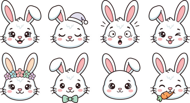 Set Rabbit Head Easter Bunny Faces Vector Bundle Cute Animal Illustration Collection Isolated White