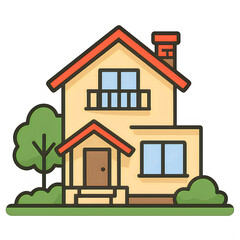 A charming two story suburban residential house with a balcony and a chimney in a flat art style