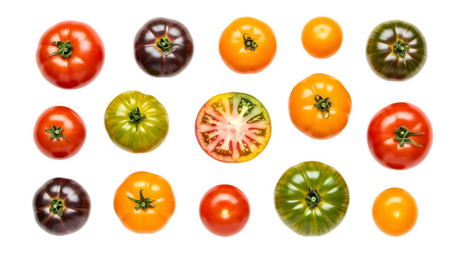 Vibrant overhead flat lay of various colorful heirloom tomatoes, including red, orange, yellow, green, and dark purple, with one sliced in half, isolated on a clean white background for fresh
