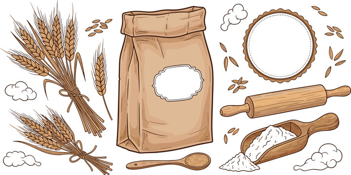 Wheat flour baking ingredients with grain bag rolling pin spoon and bakery elements hand drawn vector illustration