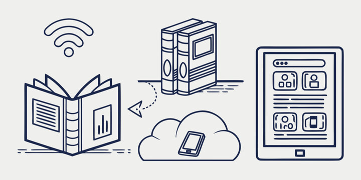 a line drawing of e learning on a variety of devices Vector