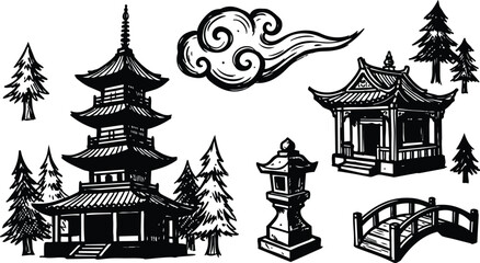 Obraz premium Woodcut style three ornate tiered pagoda and traditional temple with stone lantern curved bridge and pine trees in black ink