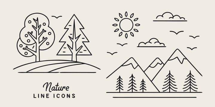 line drawings of trees and mountains with sun and clouds Vector