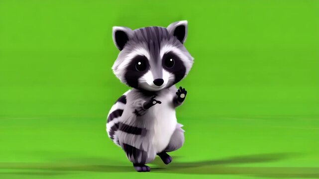 Animated Raccoon Character Playfully Dancing Against Bright Green Background