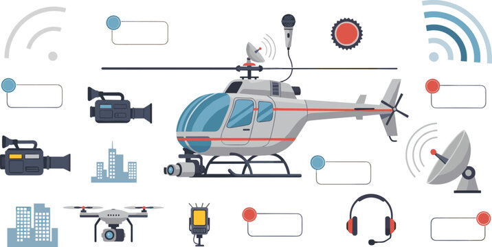 Helicopter aerial surveillance and media broadcasting technology with drone camera satellite communication equipment vector illustration