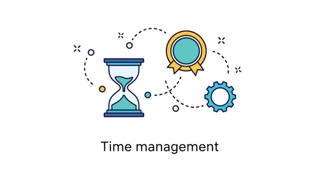 Time management and productivity concept with an hourglass, trophy, and gear icons for business efficiency and rewards.