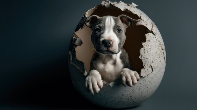 pitbull pup bursting from cracked easter egg on white background
