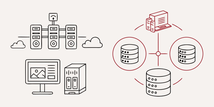 a diagram showing data synchronization between servers and a database Vector