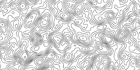 Abstract geographic line texture, dense irregular contour rings forming terrain-like islands, clean black and white vector illustration. © maseh