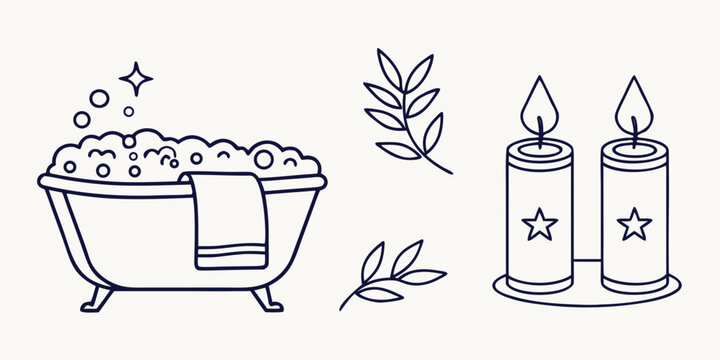a bath tub with candles and leaves for a relaxing spa day Vector