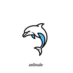 Obraz premium A stylized graphic illustration of a white and blue dolphin jumping, outlined in black on a clean white background.