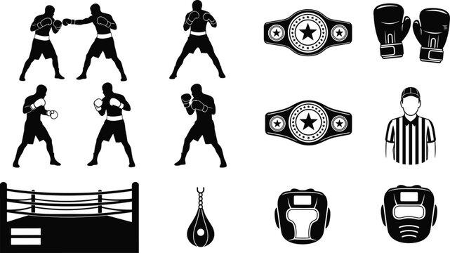 Boxing sports icon set with fighter silhouettes boxing ring championship belt gloves referee headgear and punching bag black vector illustration
