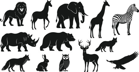 Wild Animals Silhouette Vector Illustration Set Featuring Lion, Horse, Elephant, Giraffe, Zebra, Rhino, Bear, Fox, Wolf, Deer, Owl, Rabbit, and Eagle. © MstSuborna