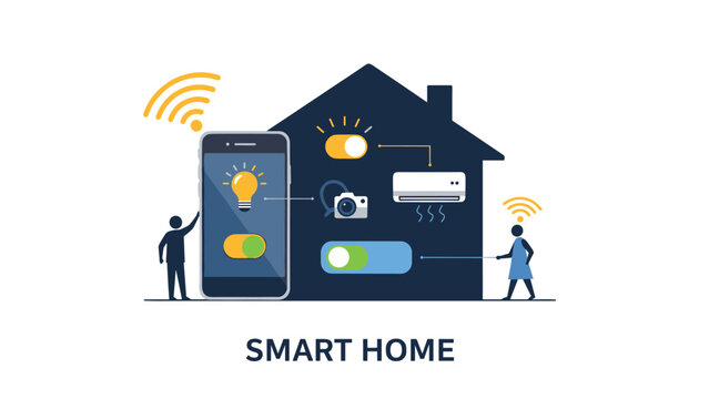 Smart home automation and remote device control concept showing people using a smartphone to manage domestic appliances.