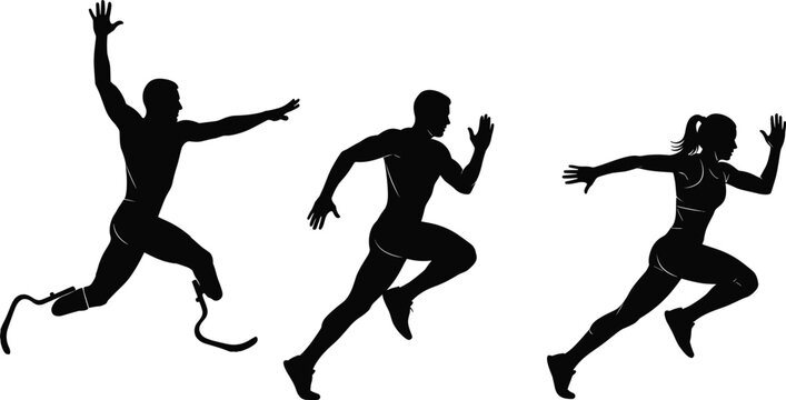 Athlete running silhouettes set, male and female sprinter with prosthetic leg, athletic sprint action poses, sports training and fitness concept isolated vector illustration