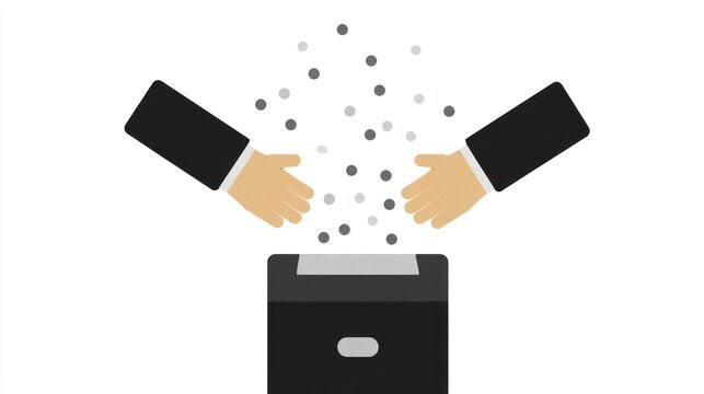 Cartoon image of hands over a shredder with scattered shredded paper