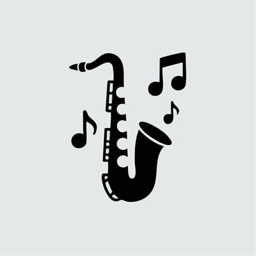 A black saxophone with music notes floating around it creates a lively musical scene with instrument and melody in perfect harmony.