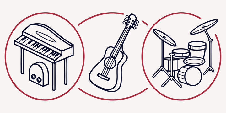 a set of musical instruments including a keyboard a guitar and a drum set Vector