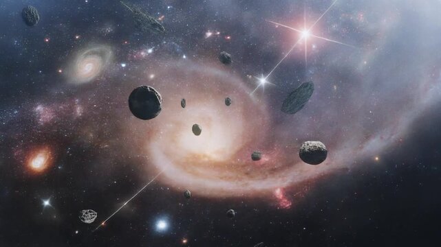 A spiral galaxy with black holes and stars swirling in space, with a bright light shining in the background, used for astronomy or science