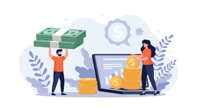 Wealth growth and financial management concept with characters holding huge cash stacks and stacking gold coins on laptop.