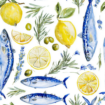 mediterranean kitchen seamless pattern with sardines fish, lemons and lemon slices, olive branches, rosemary and thyme herbs