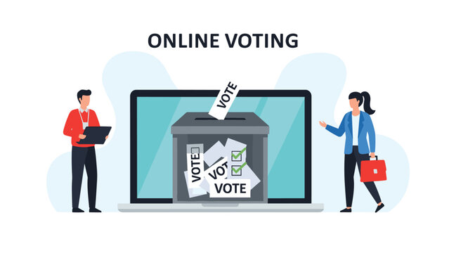 Online voting concept with people casting digital ballots into a box displayed on a large laptop screen during elections.