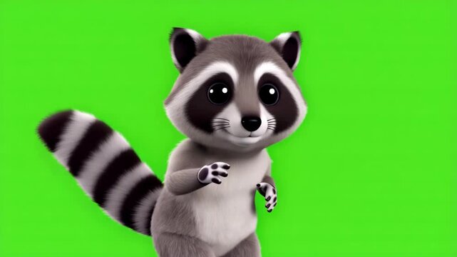 Animated Raccoon Character with Large Eyes Standing Playfully Against Bright Green Background
