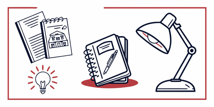 a desk lamp, notebook, and papers with a lightbulb Vector