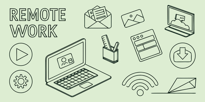 remote work icons and symbols on green background Vector